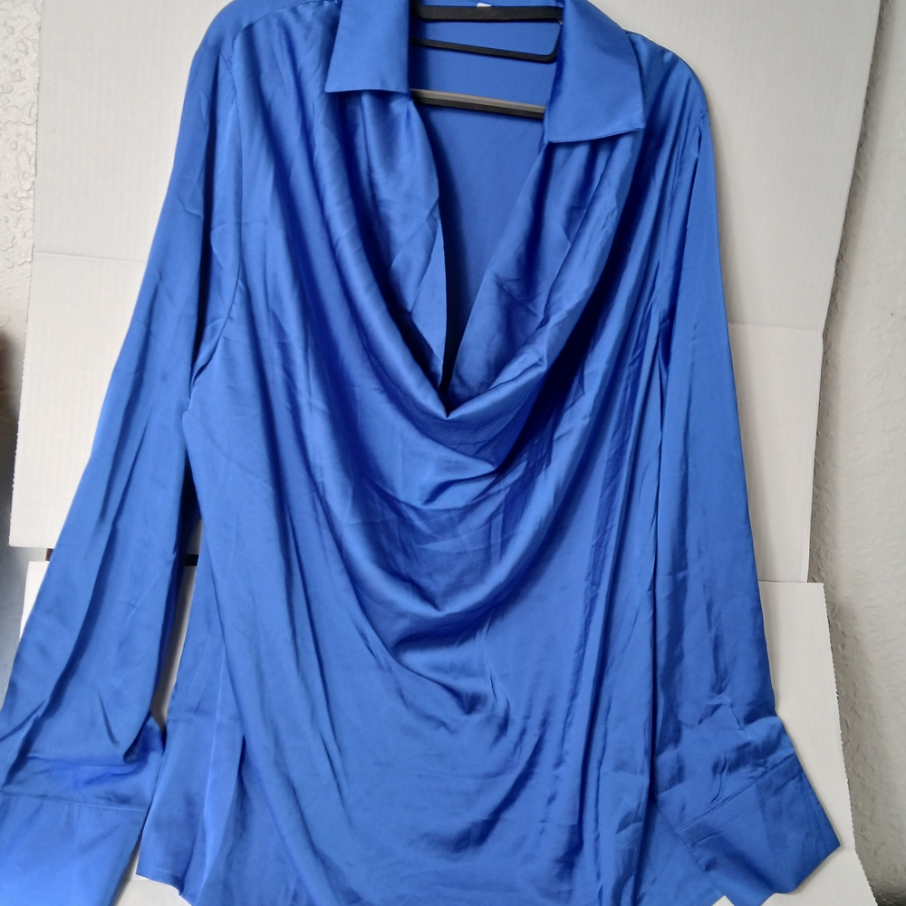 Royal blue satin long-sleeve cowl neck blouse XXL